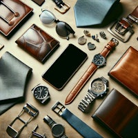 a group of men's accessories arranged on a table